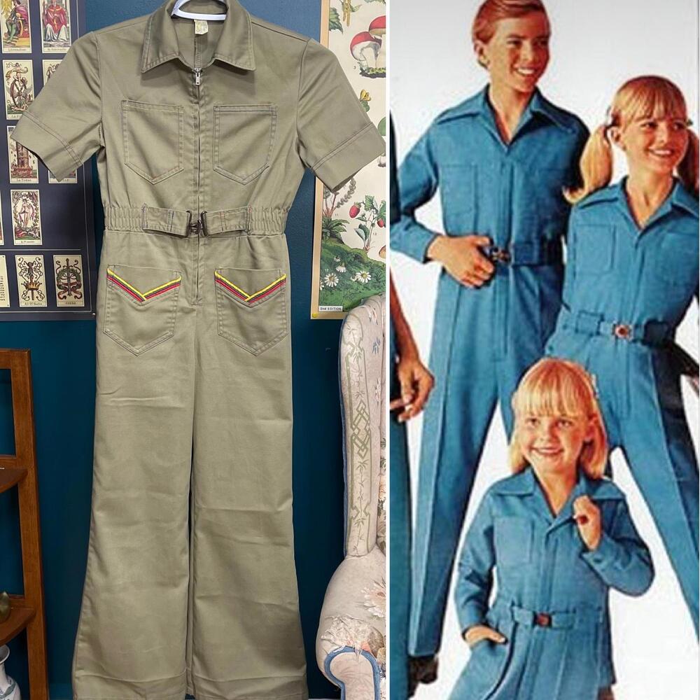 Vintage 70s Rough Housers Khaki Parachute Bell Bottom Jumpsuit Youth size XS